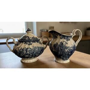 Vintage Johnson Brothers Blue Transferware - Creamer and Lidded Sugar Bowl Set